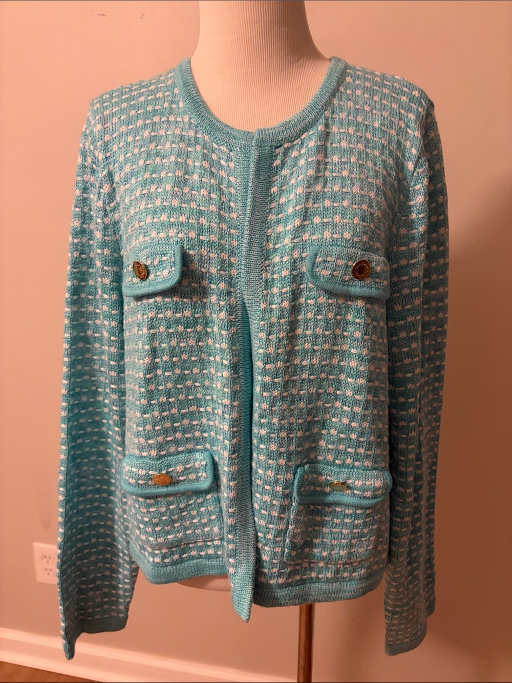 Lilly Pulitzer Aqua and White Tweed-Style Open Cardigan